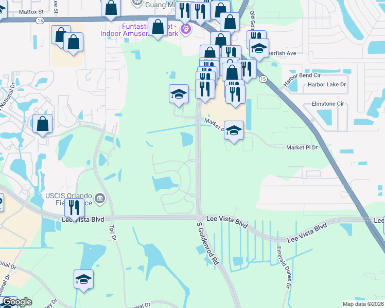 map of restaurants, bars, coffee shops, grocery stores, and more near 6406 South Goldenrod Road in Orlando