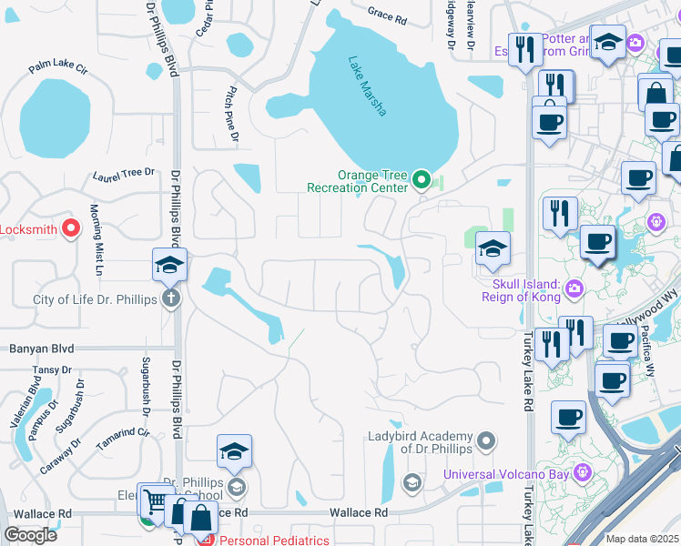 map of restaurants, bars, coffee shops, grocery stores, and more near 7451 Pinemount Drive in Orlando