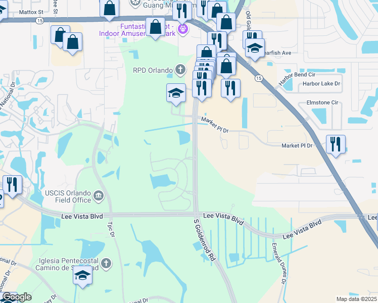 map of restaurants, bars, coffee shops, grocery stores, and more near 6406 South Goldenrod Road in Orlando