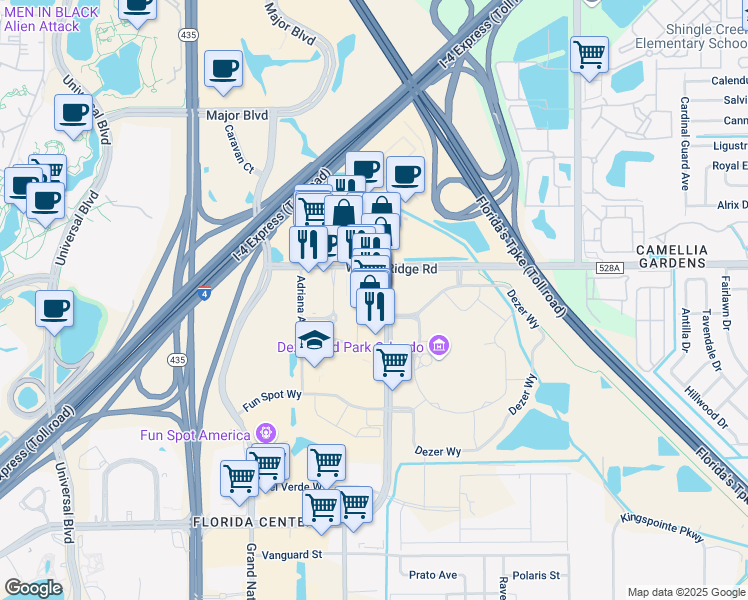 map of restaurants, bars, coffee shops, grocery stores, and more near 5101 International Drive in Orlando