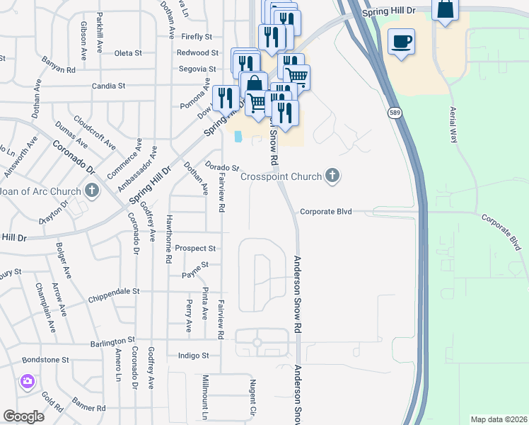 map of restaurants, bars, coffee shops, grocery stores, and more near 2405 Industrial Loop in Spring Hill