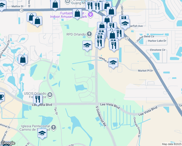 map of restaurants, bars, coffee shops, grocery stores, and more near 6406 South Goldenrod Road in Orlando