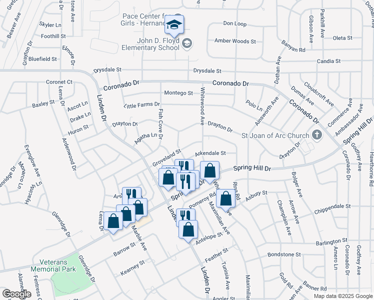 map of restaurants, bars, coffee shops, grocery stores, and more near 13106 Groveland Street in Spring Hill