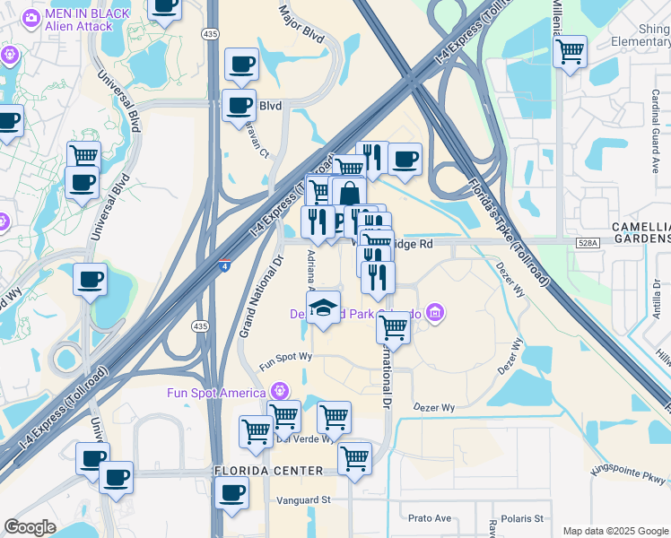 map of restaurants, bars, coffee shops, grocery stores, and more near in Orlando