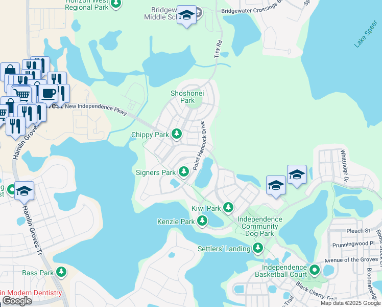 map of restaurants, bars, coffee shops, grocery stores, and more near 5526 New Independence Parkway in Winter Garden