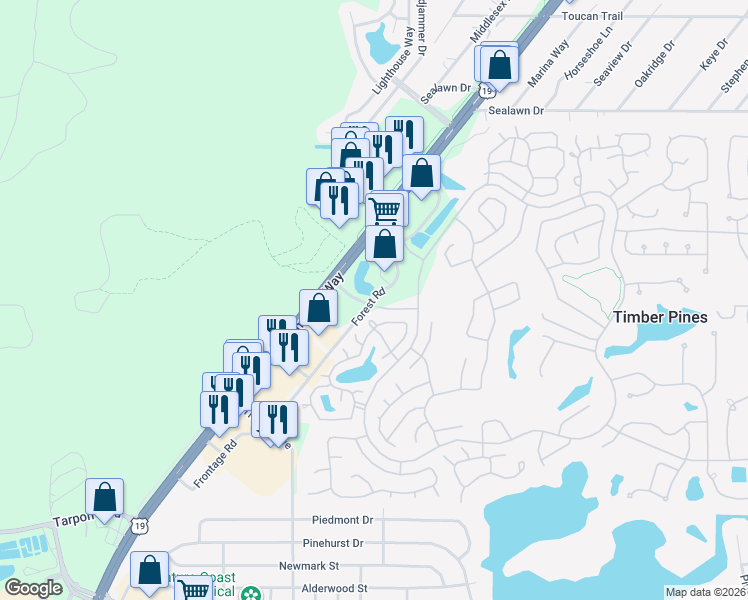 map of restaurants, bars, coffee shops, grocery stores, and more near 2601 Forest Road in Spring Hill