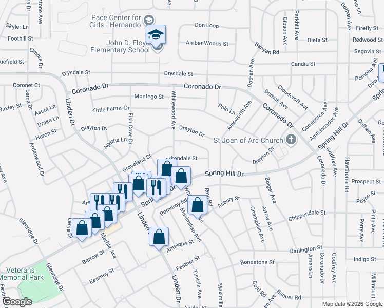 map of restaurants, bars, coffee shops, grocery stores, and more near 2426 Comerwood Drive in Spring Hill
