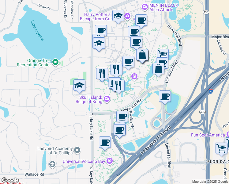 map of restaurants, bars, coffee shops, grocery stores, and more near 6000 Universal Boulevard in Orlando