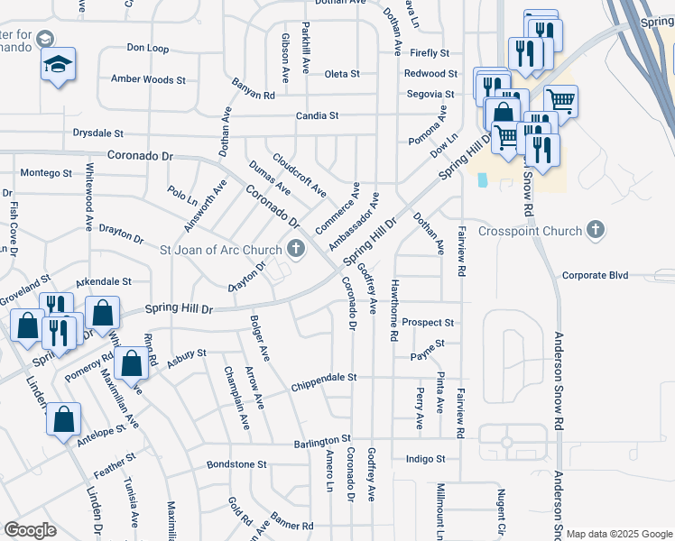 map of restaurants, bars, coffee shops, grocery stores, and more near Spring Hill Dr & Coronado Dr in Spring Hill
