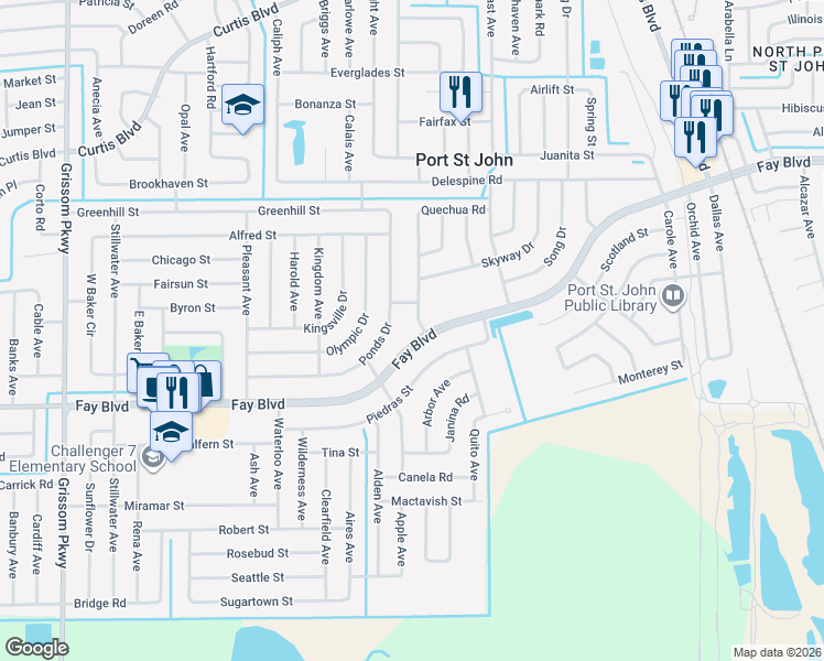 map of restaurants, bars, coffee shops, grocery stores, and more near 4289 Fay Boulevard in Port Saint John
