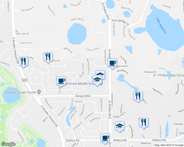 map of restaurants, bars, coffee shops, grocery stores, and more near 8101 Bluestar Circle in Orlando