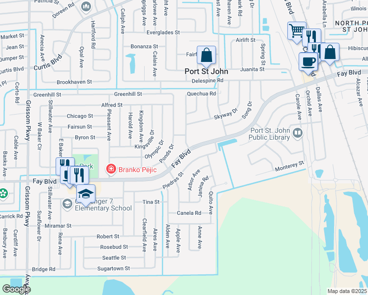 map of restaurants, bars, coffee shops, grocery stores, and more near 4300 Fay Boulevard in Port Saint John