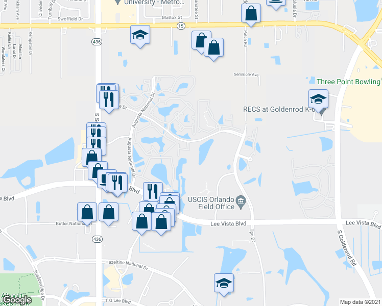 map of restaurants, bars, coffee shops, grocery stores, and more near 6004 Bent Pine Drive in Orlando