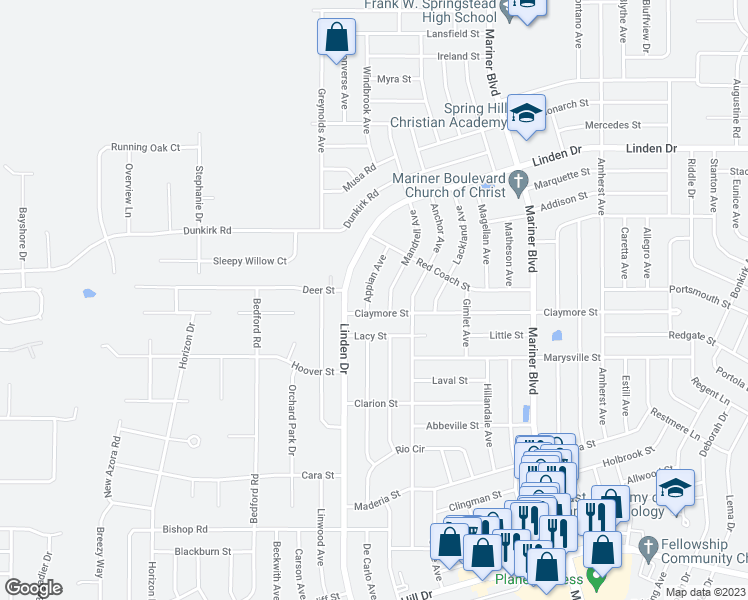 map of restaurants, bars, coffee shops, grocery stores, and more near 2406 Appian Avenue in Spring Hill