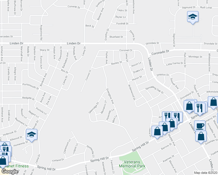 map of restaurants, bars, coffee shops, grocery stores, and more near 2430 Evenglow Avenue in Spring Hill