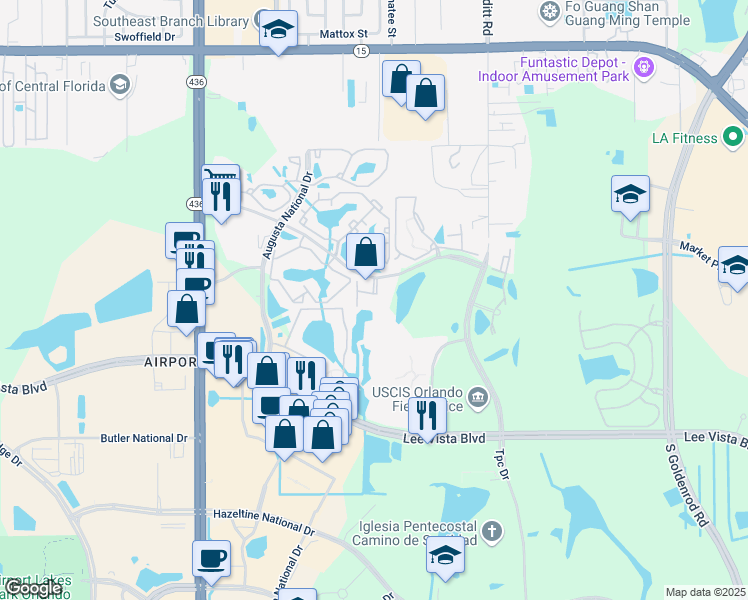 map of restaurants, bars, coffee shops, grocery stores, and more near 6004 Bent Pine Drive in Orlando