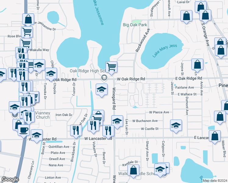 map of restaurants, bars, coffee shops, grocery stores, and more near 5925 Winegard Road in Pine Castle