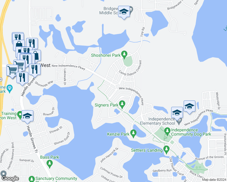 map of restaurants, bars, coffee shops, grocery stores, and more near 6849 Point Hancock Drive in Winter Garden