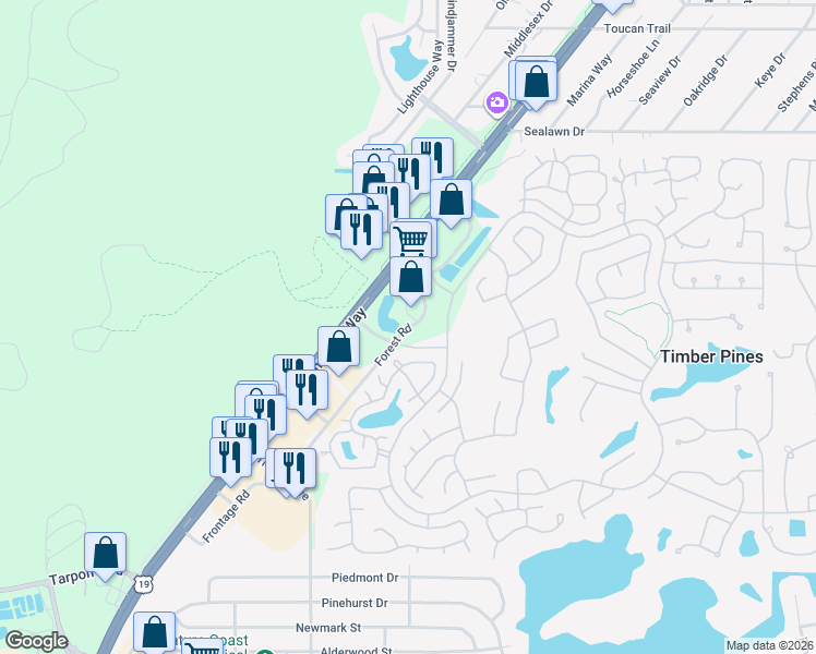 map of restaurants, bars, coffee shops, grocery stores, and more near Forest Road in Spring Hill