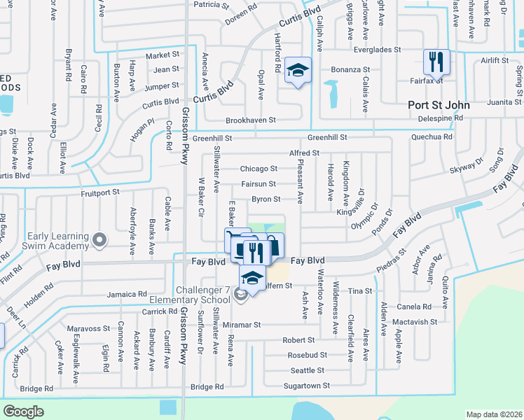 map of restaurants, bars, coffee shops, grocery stores, and more near 4747 Byron Street in Cocoa