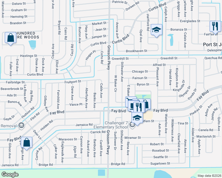 map of restaurants, bars, coffee shops, grocery stores, and more near 6440 West Baker Circle in Cocoa