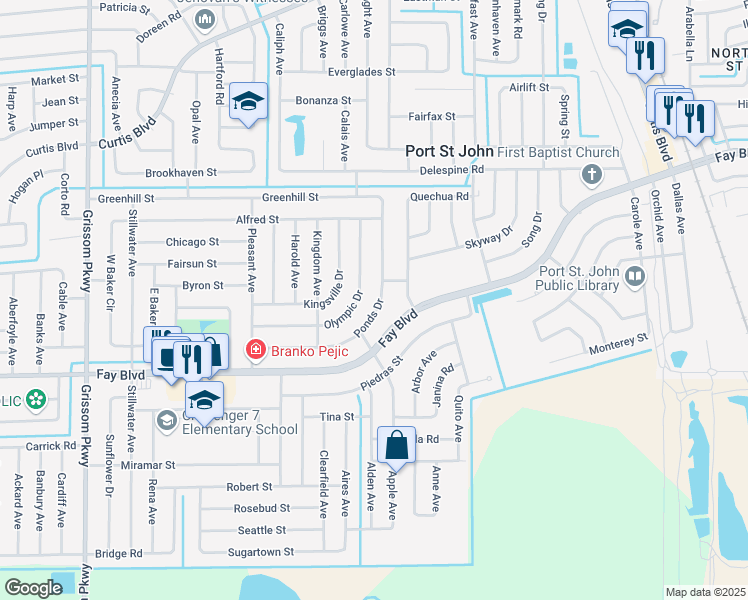 map of restaurants, bars, coffee shops, grocery stores, and more near 4310 Ponds Drive in Cocoa