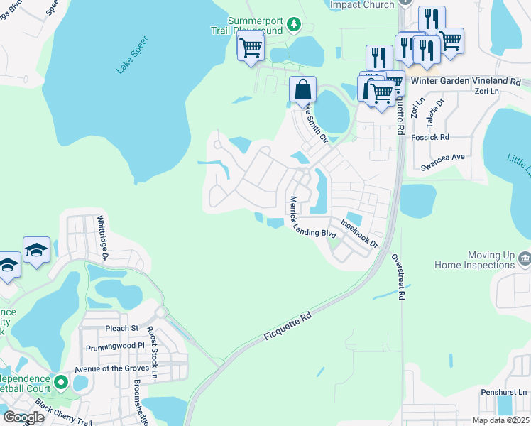 map of restaurants, bars, coffee shops, grocery stores, and more near 6533 Earthgold Drive in Windermere