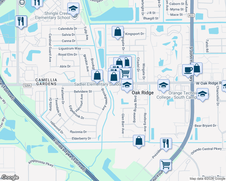 map of restaurants, bars, coffee shops, grocery stores, and more near 4147 Singing Creek Lane in Orlando