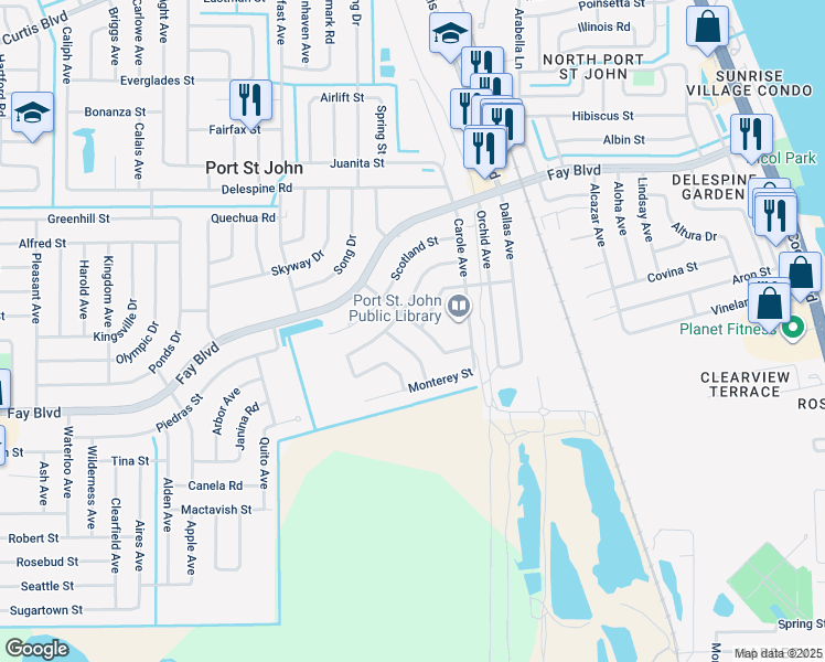 map of restaurants, bars, coffee shops, grocery stores, and more near 6420 Manila Drive in Cocoa