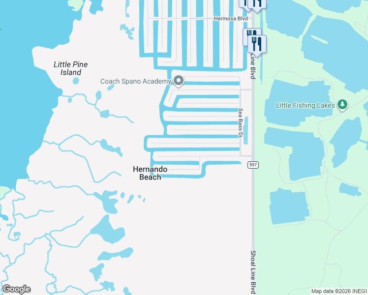 map of restaurants, bars, coffee shops, grocery stores, and more near 3440 Croaker Drive in Hernando Beach