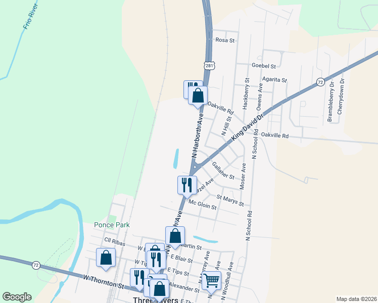 map of restaurants, bars, coffee shops, grocery stores, and more near 1023 North Harborth Avenue in Three Rivers