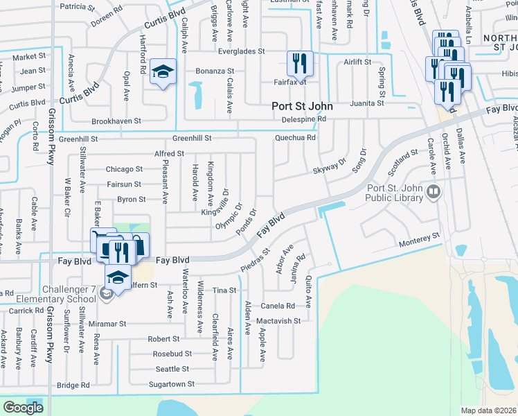 map of restaurants, bars, coffee shops, grocery stores, and more near 4303 Ponds Drive in Cocoa