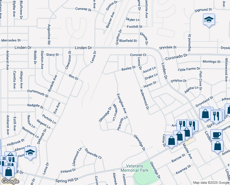 map of restaurants, bars, coffee shops, grocery stores, and more near 2445 Evenglow Avenue in Spring Hill