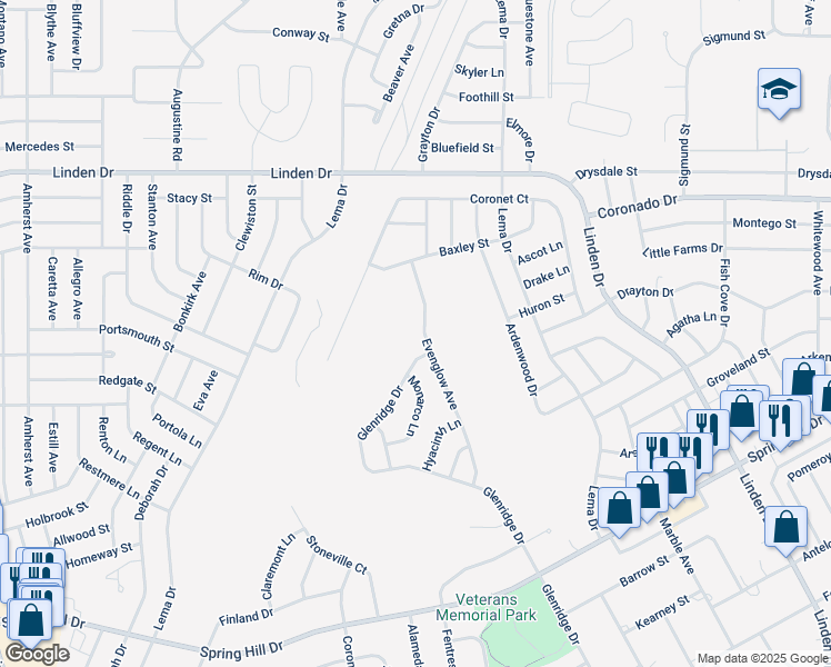 map of restaurants, bars, coffee shops, grocery stores, and more near 2445 Evenglow Avenue in Spring Hill