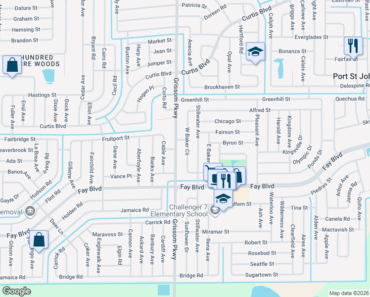 map of restaurants, bars, coffee shops, grocery stores, and more near 6440 West Baker Circle in Cocoa
