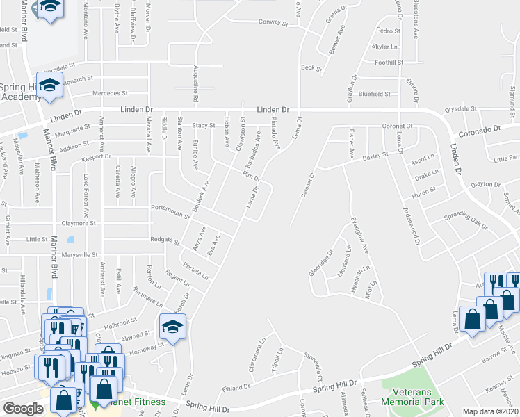 map of restaurants, bars, coffee shops, grocery stores, and more near 2453 Rim Drive in Spring Hill