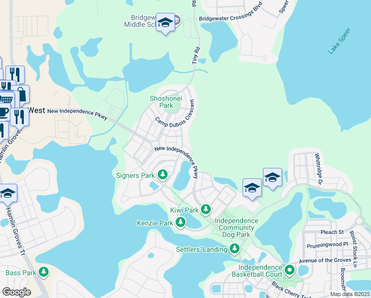 map of restaurants, bars, coffee shops, grocery stores, and more near 5551 New Independence Parkway in Winter Garden