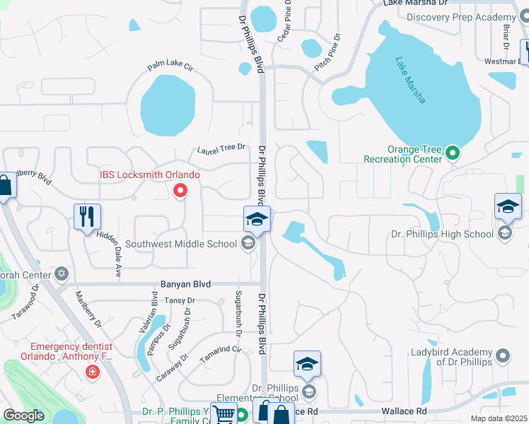 map of restaurants, bars, coffee shops, grocery stores, and more near Doctor Phillips Boulevard in Orlando