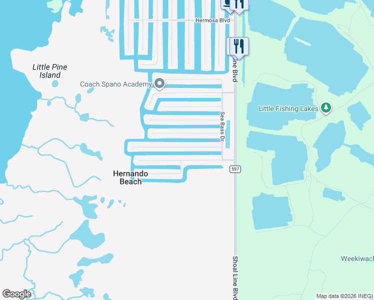 map of restaurants, bars, coffee shops, grocery stores, and more near 3496 Croaker Drive in Hernando Beach