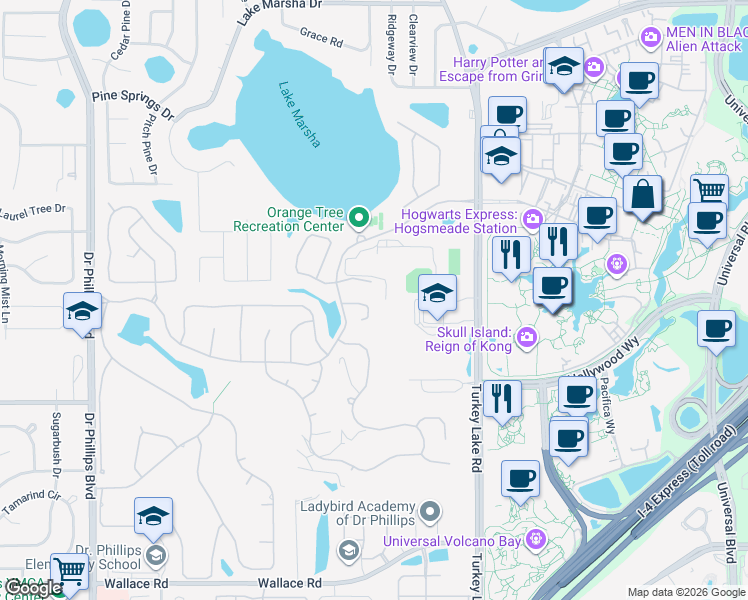 map of restaurants, bars, coffee shops, grocery stores, and more near 7237 Moss Leaf Lane in Orlando