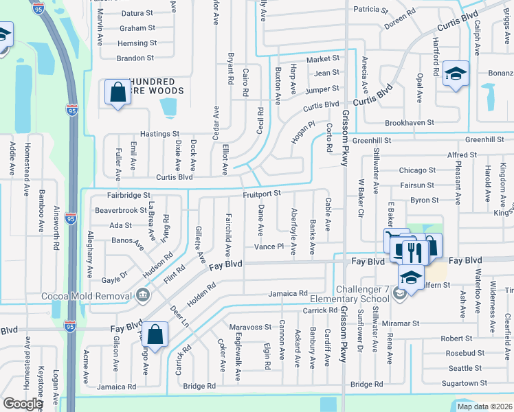 map of restaurants, bars, coffee shops, grocery stores, and more near 6448 Dane Avenue in Cocoa