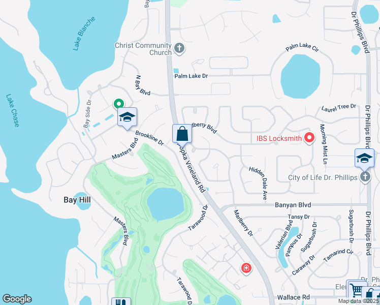 map of restaurants, bars, coffee shops, grocery stores, and more near 6244 Blue Clay Court in Orlando