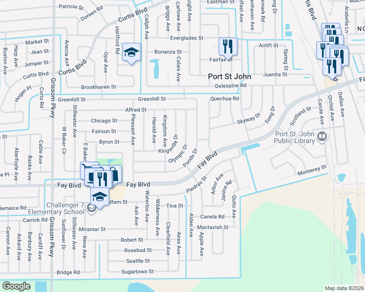 map of restaurants, bars, coffee shops, grocery stores, and more near 4430 Olympic Dr in Cocoa