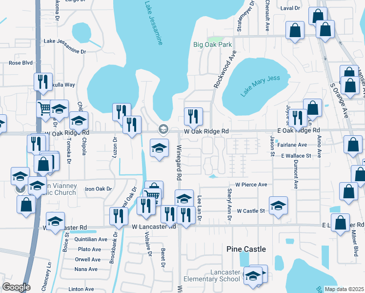map of restaurants, bars, coffee shops, grocery stores, and more near 5925 Winegard Road in Pine Castle