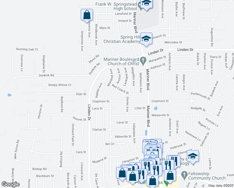 map of restaurants, bars, coffee shops, grocery stores, and more near 2419 Lackland Avenue in Spring Hill