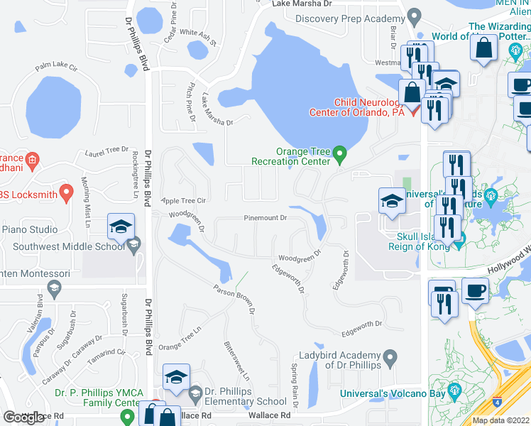 map of restaurants, bars, coffee shops, grocery stores, and more near 7451 Pinemount Drive in Orlando