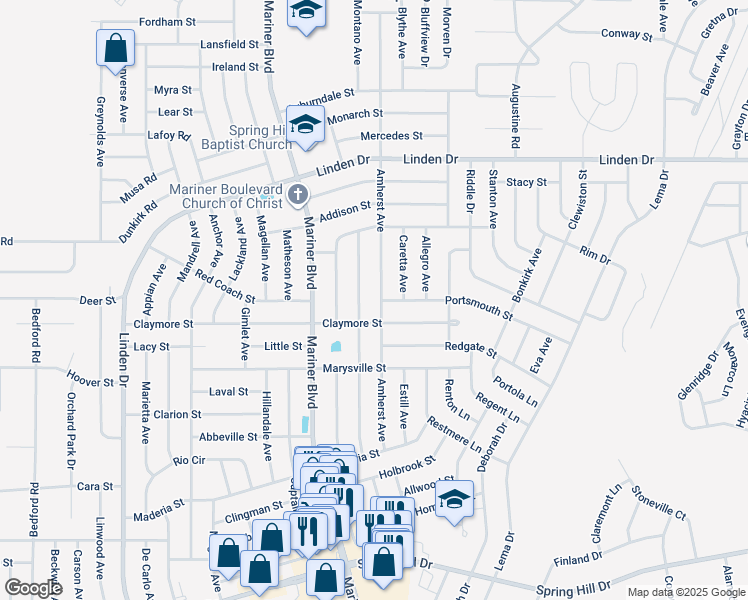 map of restaurants, bars, coffee shops, grocery stores, and more near 2419 Amherst Avenue in Spring Hill