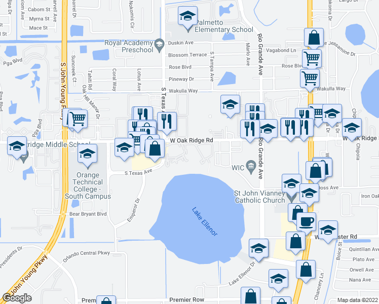 map of restaurants, bars, coffee shops, grocery stores, and more near 2100 West Oak Ridge Road in Orlando