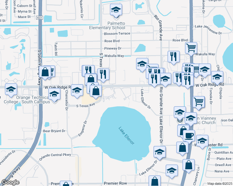 map of restaurants, bars, coffee shops, grocery stores, and more near 2124 West Oak Ridge Road in Orlando