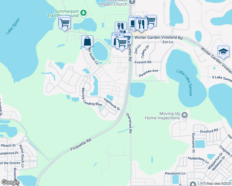 map of restaurants, bars, coffee shops, grocery stores, and more near 13815 Beringer Street in Windermere